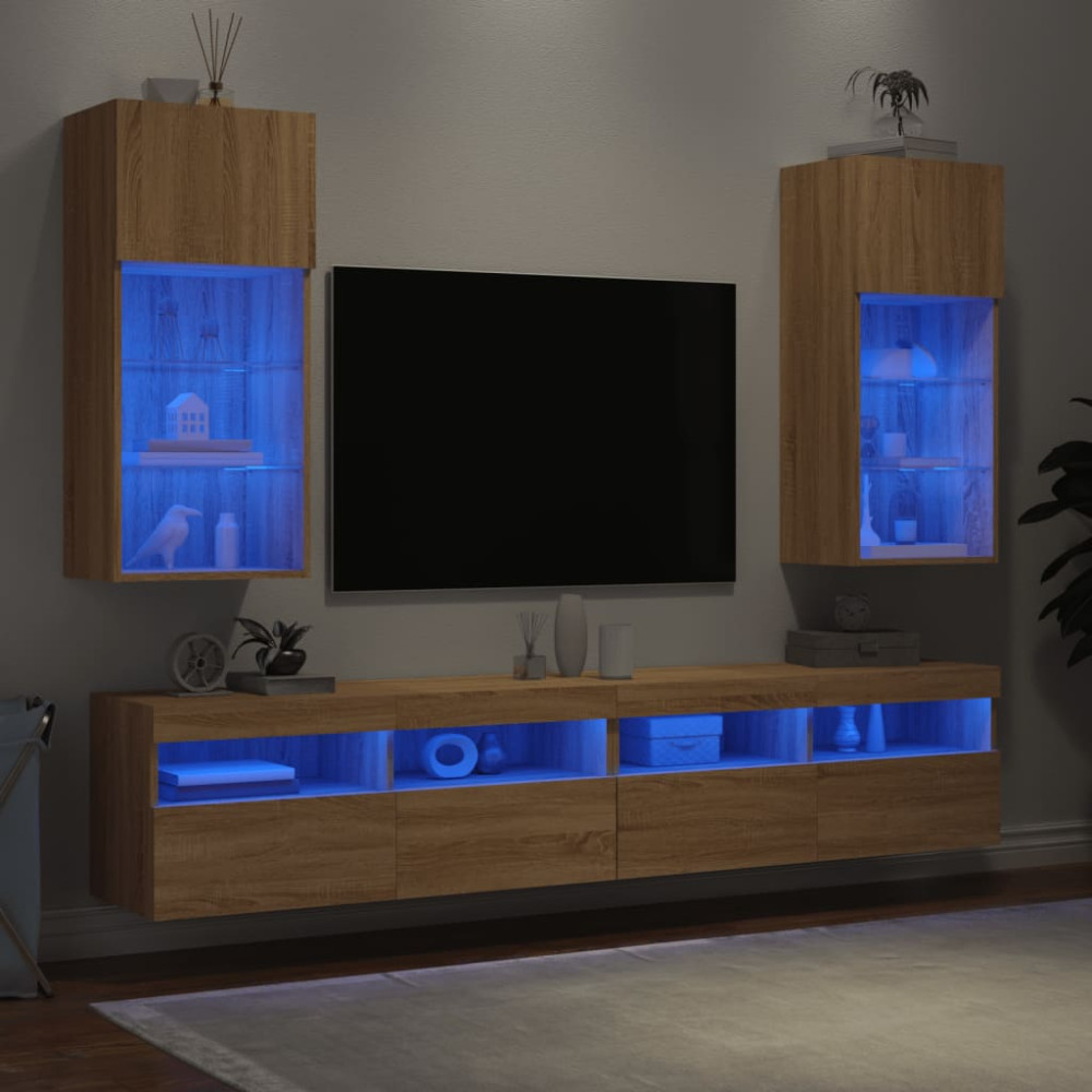 Produktbild för Tv-bänk med LED-belysning 2 st sonoma-ek 40,5x30x90 cm