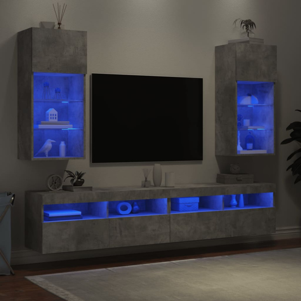 Produktbild för TV-bänk med LED-belysning 2 st betonggrå 40,5x30x90 cm