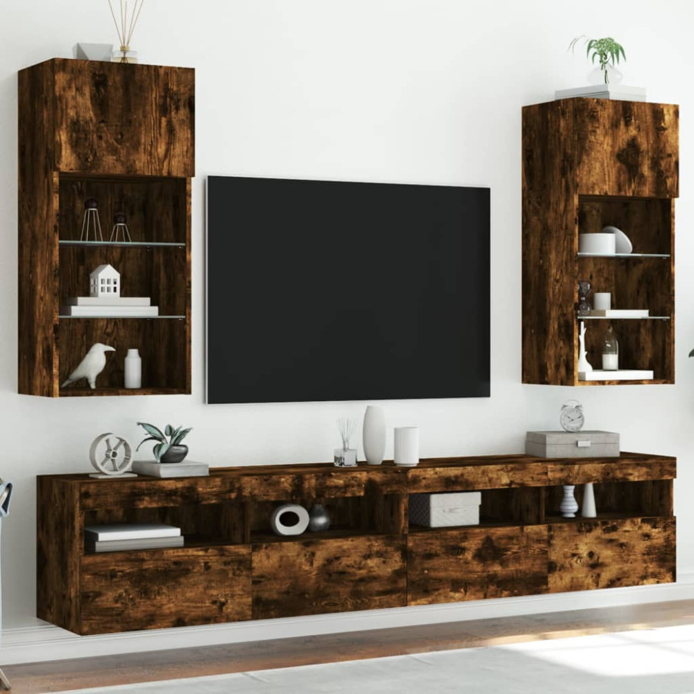 Produktbild för Tv-bänk med LED-belysning 2 st rökfärgad ek 40,5x30x90 cm