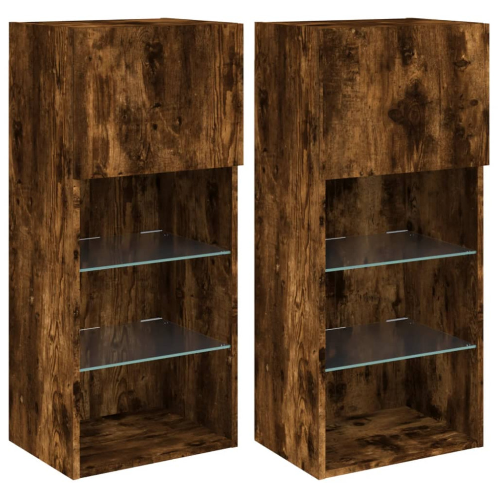 Produktbild för Tv-bänk med LED-belysning 2 st rökfärgad ek 40,5x30x90 cm