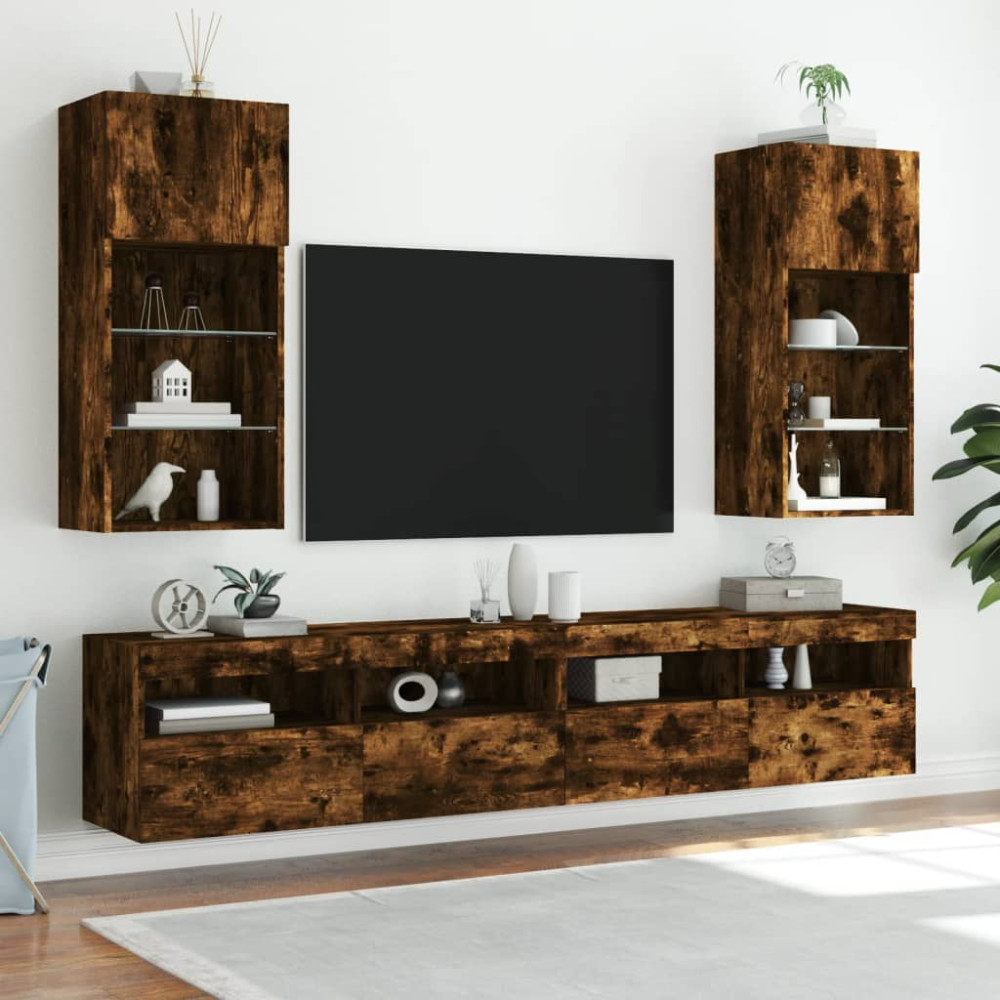 Produktbild för Tv-bänk med LED-belysning 2 st rökfärgad ek 40,5x30x90 cm