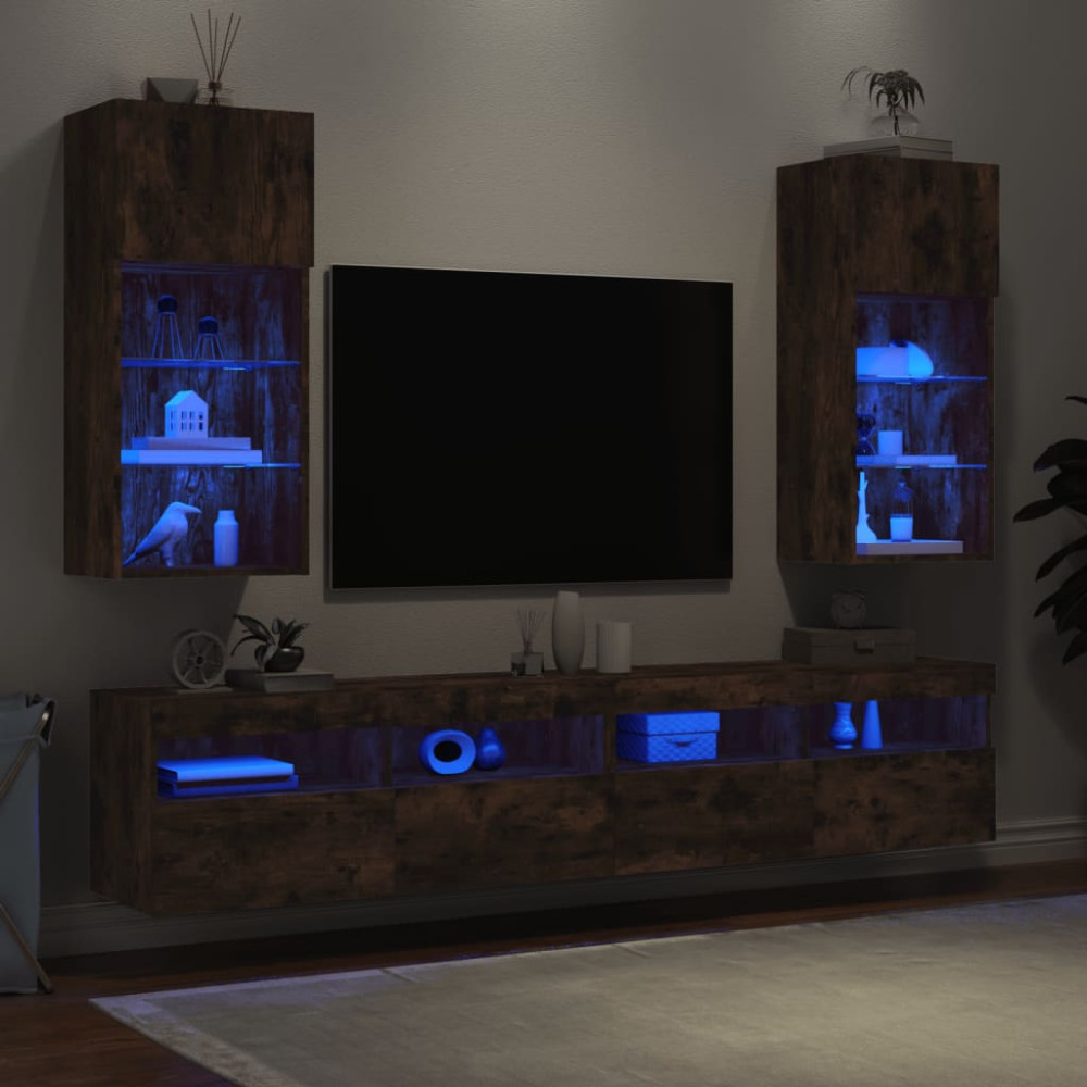 Produktbild för Tv-bänk med LED-belysning 2 st rökfärgad ek 40,5x30x90 cm