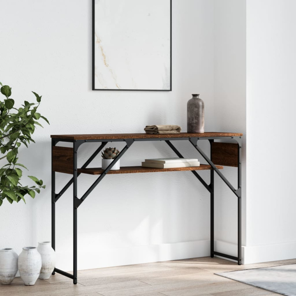 Produktbild för Avlastningsbord med hylla brun ek 105x30x75 cm konstruerat trä