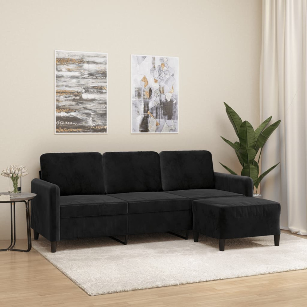 Produktbild för 3-sitssoffa med fotpall svart 180 cm sammet