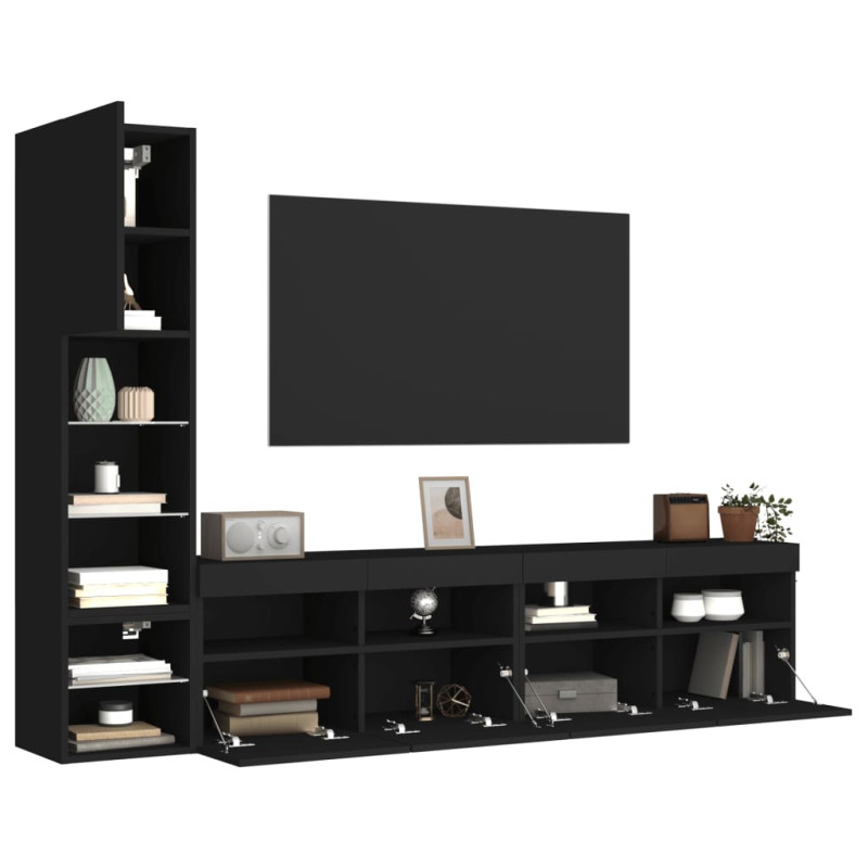Produktbild för Tv-bänk 4 delar LED svart konstruerat trä