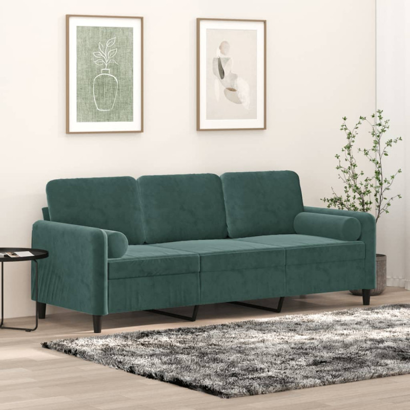 Produktbild för 3-sitssoffa med prydnadskuddar mörkgrön 180 cm sammet