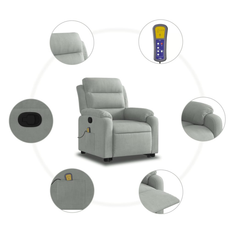 Produktbild för Massagefåtölj med uppresningshjälp ljusgrå sammet