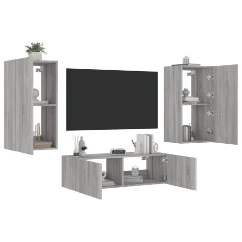 vidaXL Väggmonterade tv-skåp 3 delar med LEDs grå sonoma
