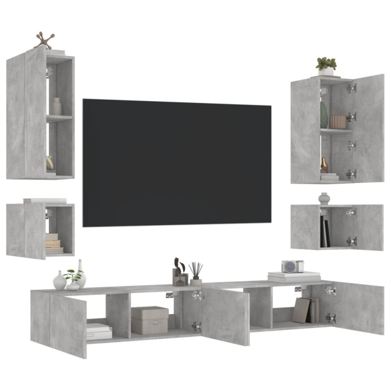 Produktbild för Väggmonterade TV-skåp 6 delar LEDs betonggrå