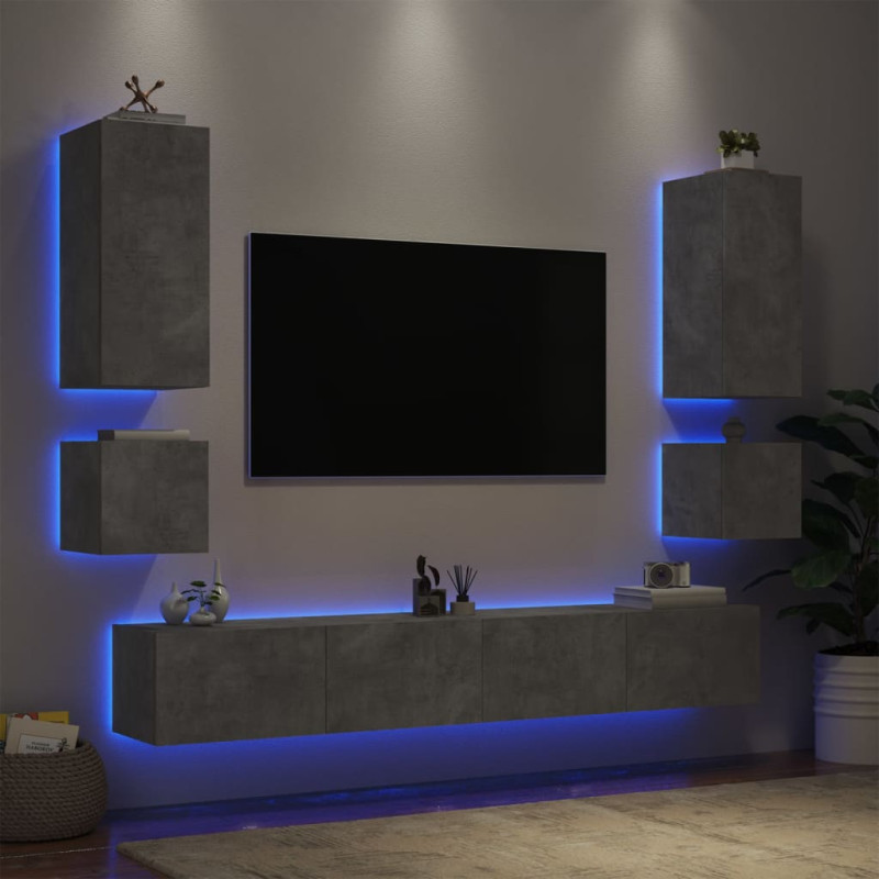 Produktbild för Väggmonterade TV-skåp 6 delar LEDs betonggrå