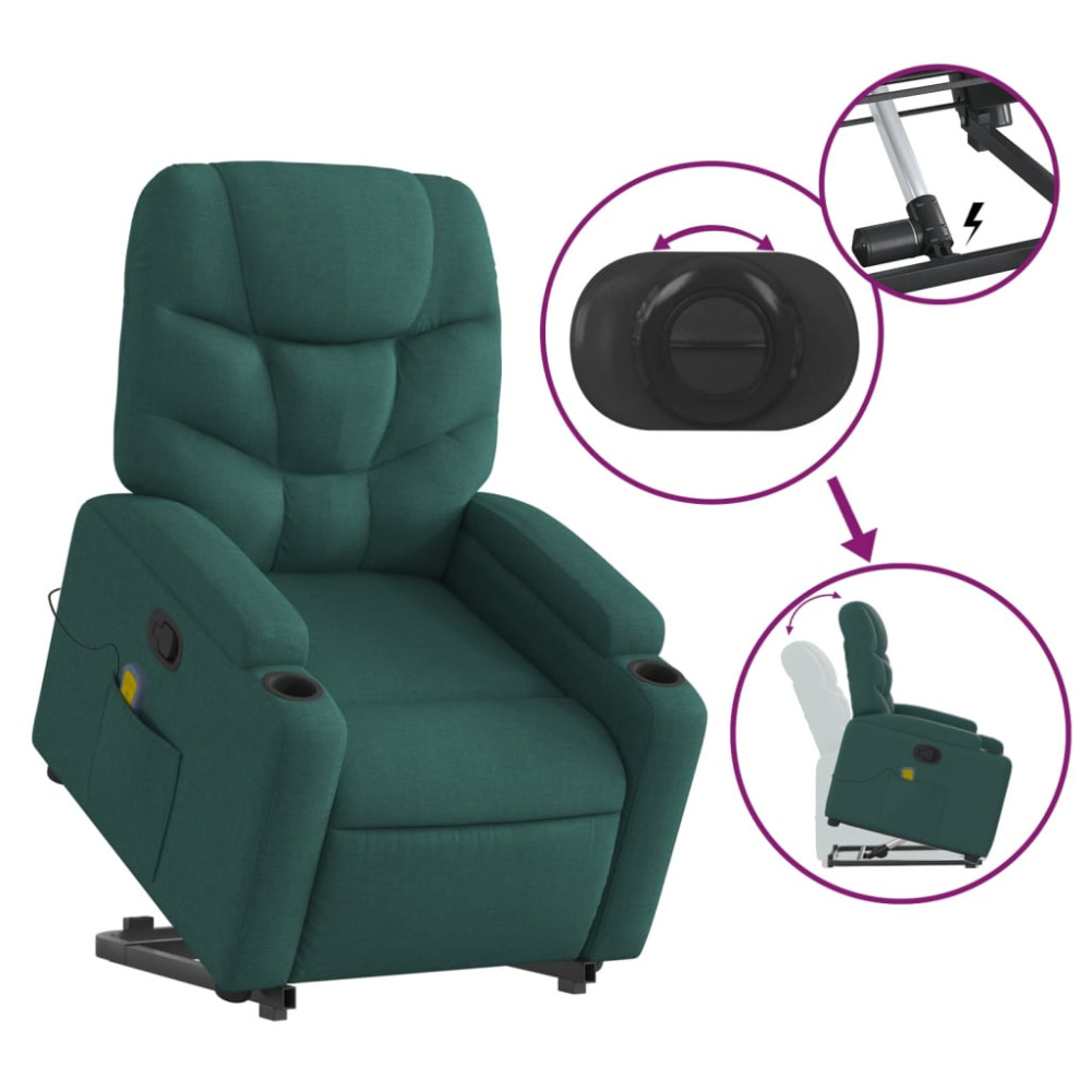 Produktbild för Massagefåtölj med uppresningshjälp mörkgrön tyg