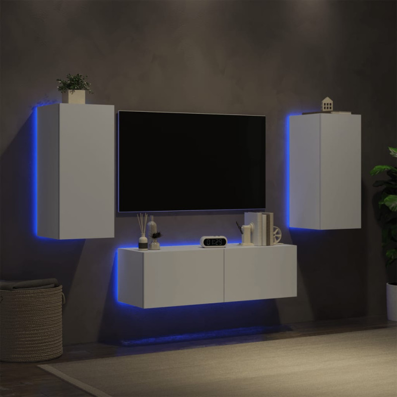 Produktbild för Väggmonterade tv-skåp 3 delar med LEDs vit