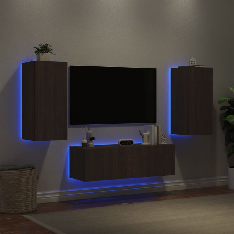 Produktbild för Väggmonterade tv-skåp 3 delar med LEDs brun ek