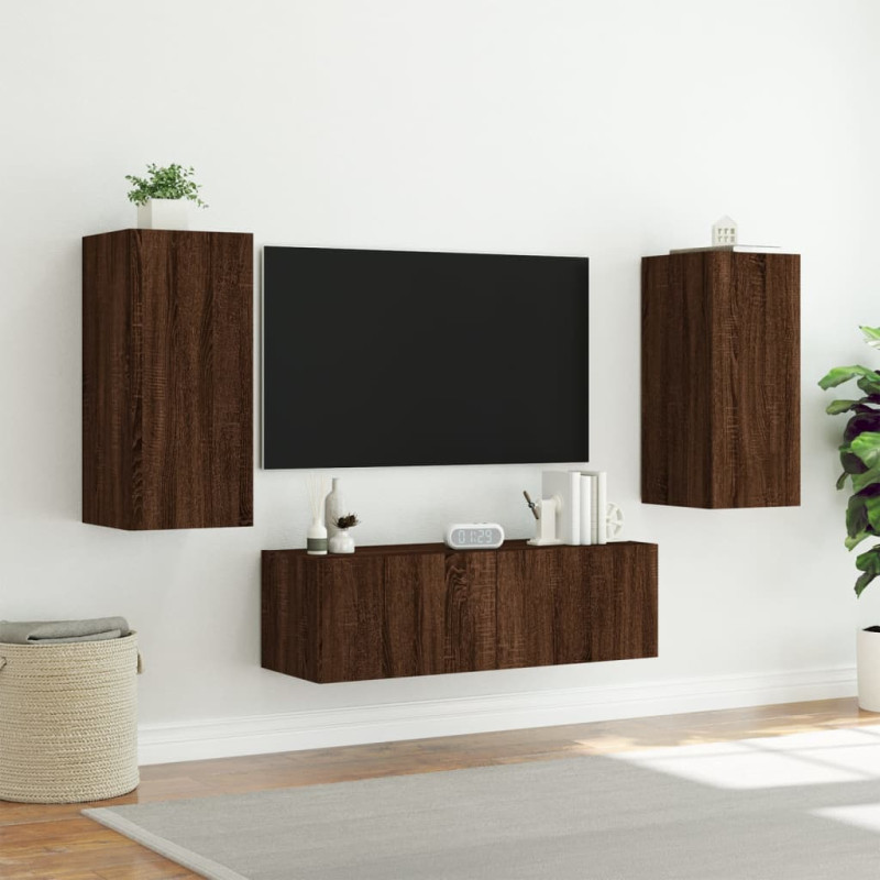 Produktbild för Väggmonterade tv-skåp 3 delar med LEDs brun ek