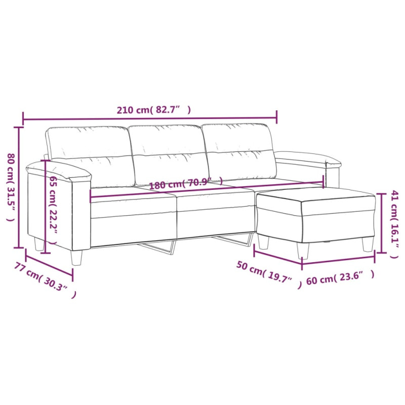Produktbild för 3-sitssoffa med fotpall ljusgrå 180 cm mikrofibertyg