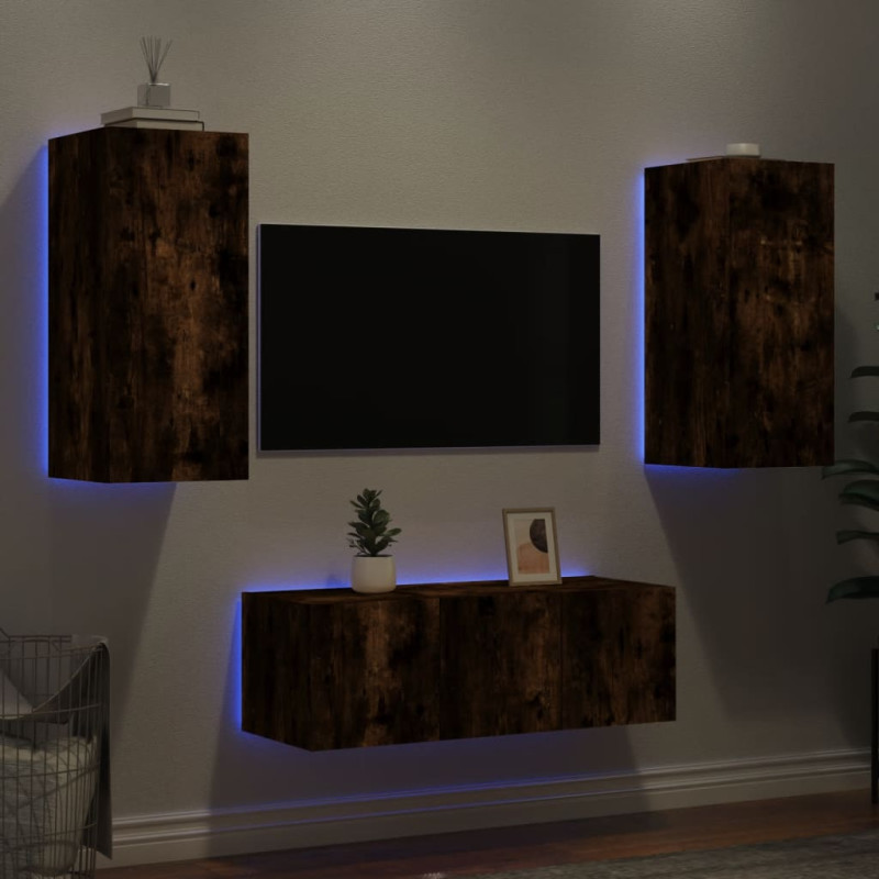Produktbild för Tv-bänk 4 delar LED rökfärgad ek konstruerat trä