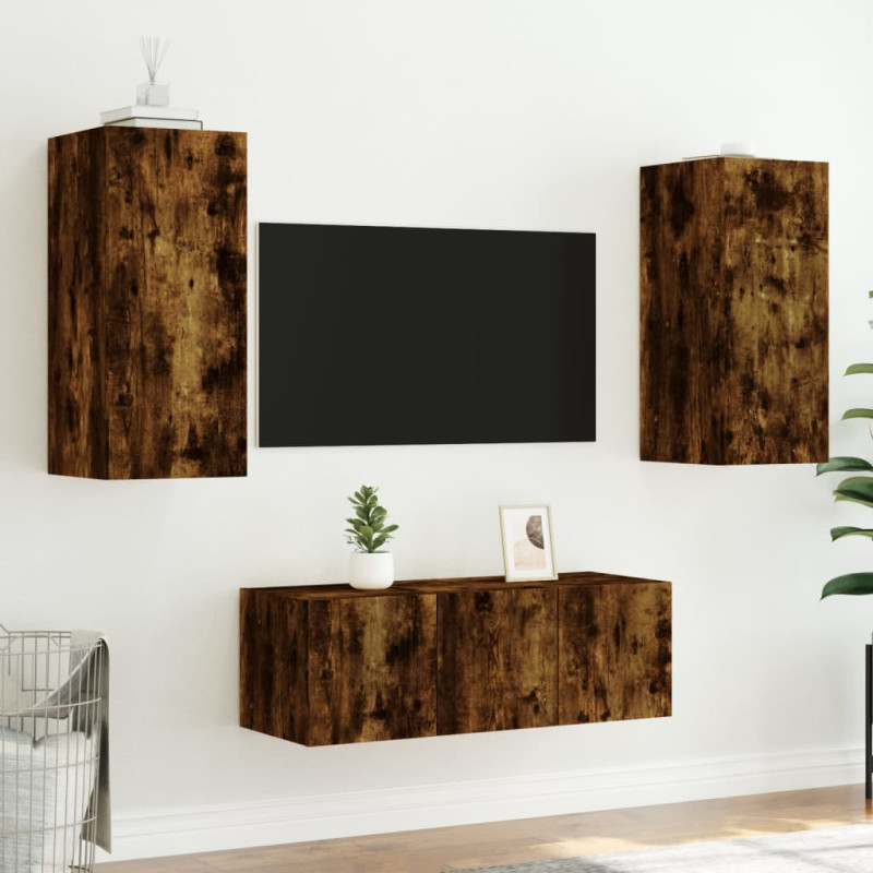 Produktbild för Tv-bänk 4 delar LED rökfärgad ek konstruerat trä