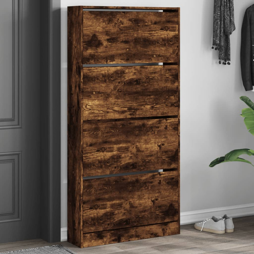 Produktbild för Skoskåp med 4 flip-lådor rökfärgad ek 80x21x163,5 cm