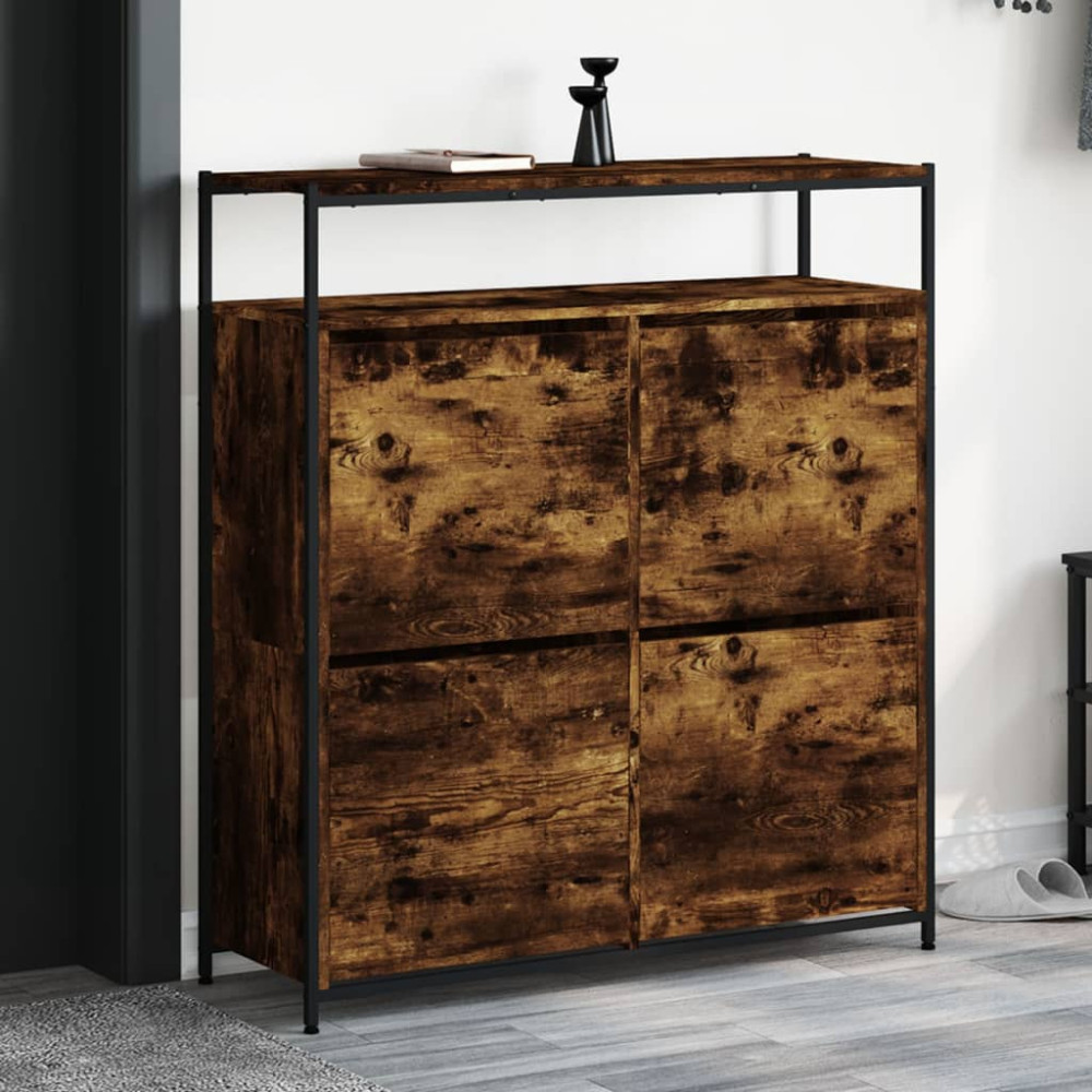 Produktbild för Skoskåp med 4 flip-lådor rökfärgad ek 100x34x112 cm