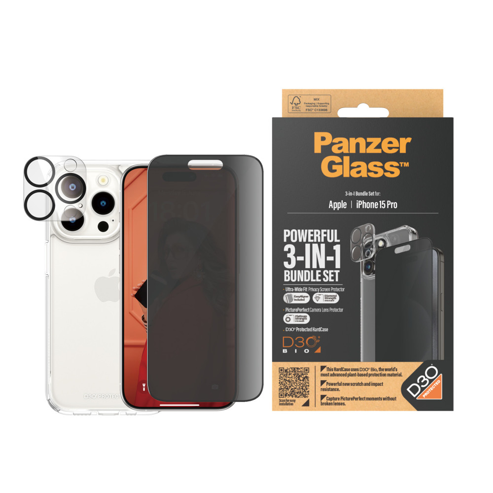 Produktbild för PanzerGlass Privacy 3-in-1-Pack iPhone 2023 6.1 Pro Genomskinligt skärmskydd Apple 1 styck