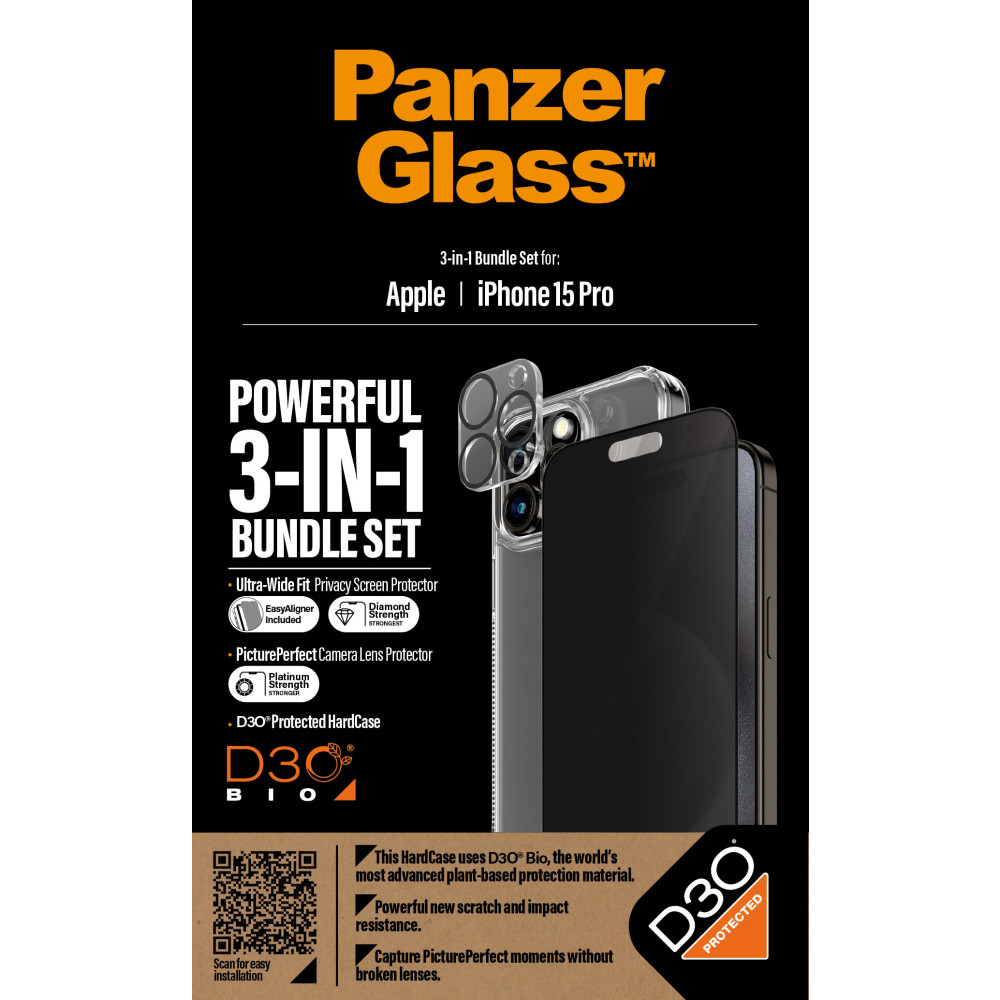 Produktbild för PanzerGlass Privacy 3-in-1-Pack iPhone 2023 6.1 Pro Genomskinligt skärmskydd Apple 1 styck