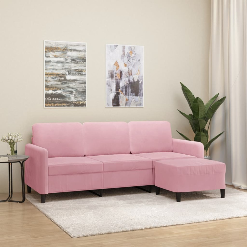 Produktbild för 3-sitssoffa med fotpall rosa 180 cm sammet