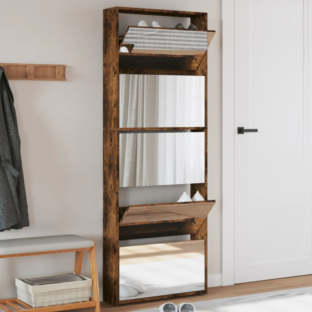 Produktbild för Skoskåp med spegel 5 skåp rökfärgad ek 63x17x169,5 cm
