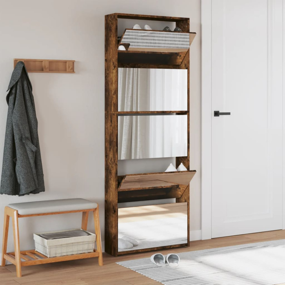 Produktbild för Skoskåp med spegel 5 skåp rökfärgad ek 63x17x169,5 cm