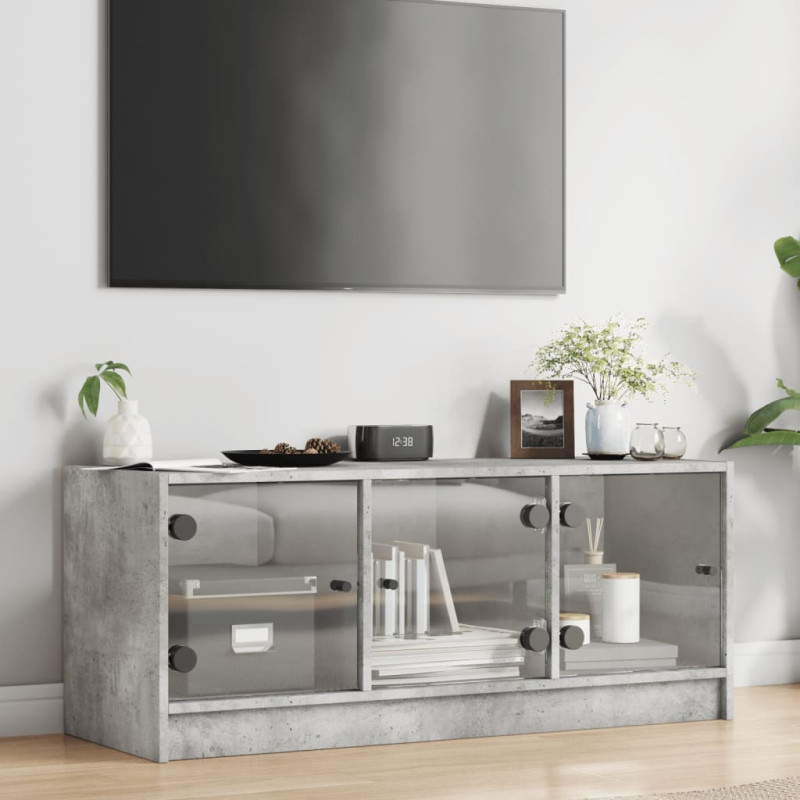 Produktbild för Tv-bänk med glasdörrar betonggrå 102x37x42 cm