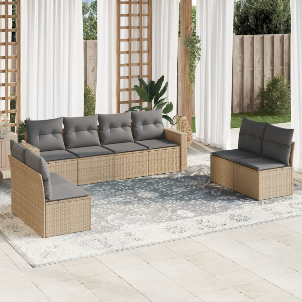 Produktbild för Matgrupp för trädgården med dynor 8 delar beige konstrotting