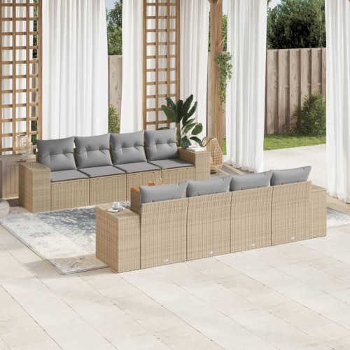 vidaXL Soffgrupp för trädgården med dynor 9 delar beige konstrotting