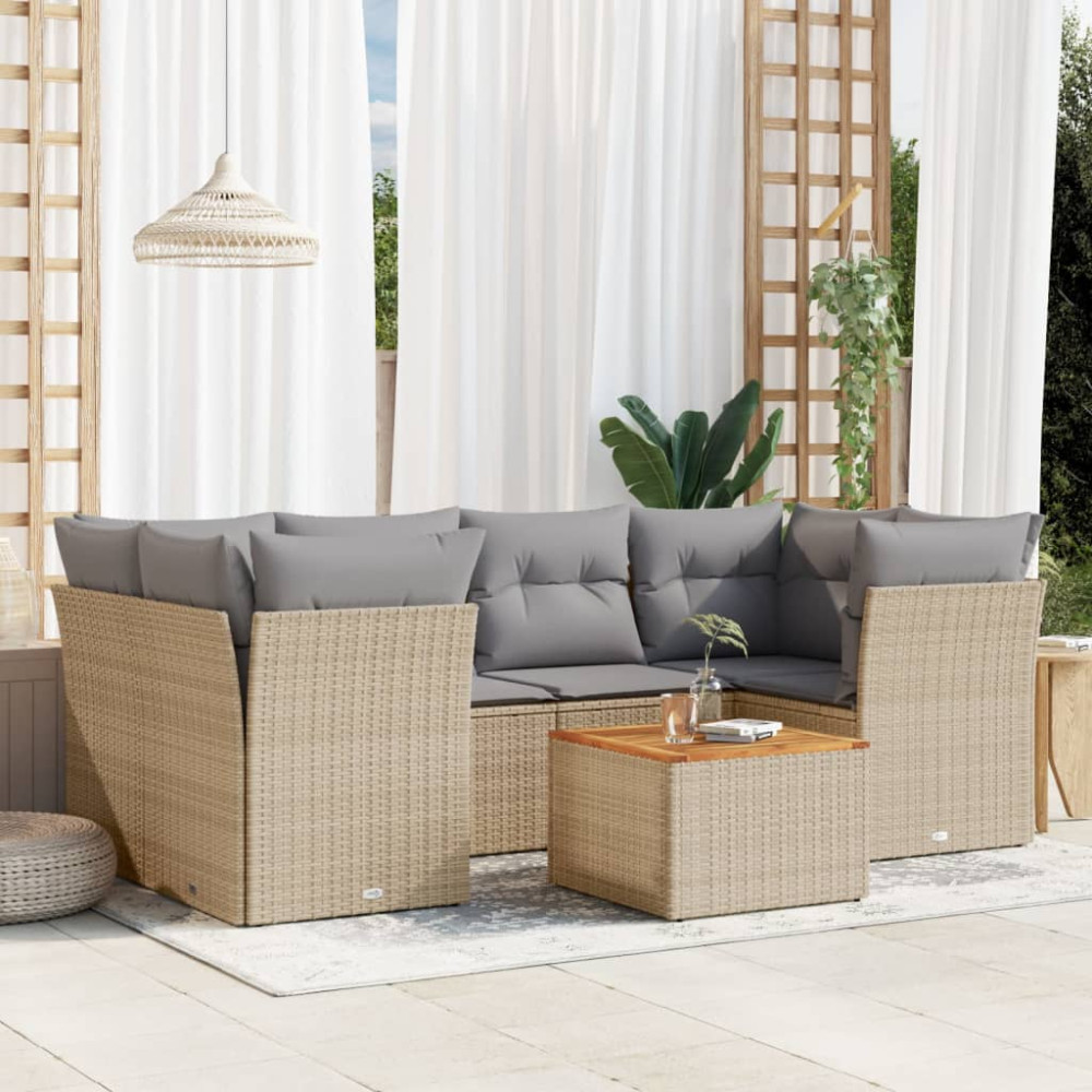 Produktbild för Matgrupp för trädgården med dynor 7 delar beige konstrotting