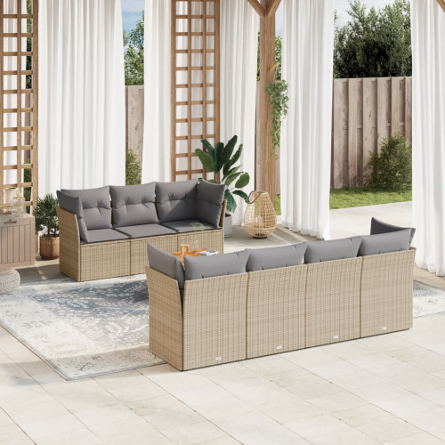 vidaXL Matgrupp för trädgården med dynor 8 delar beige konstrotting