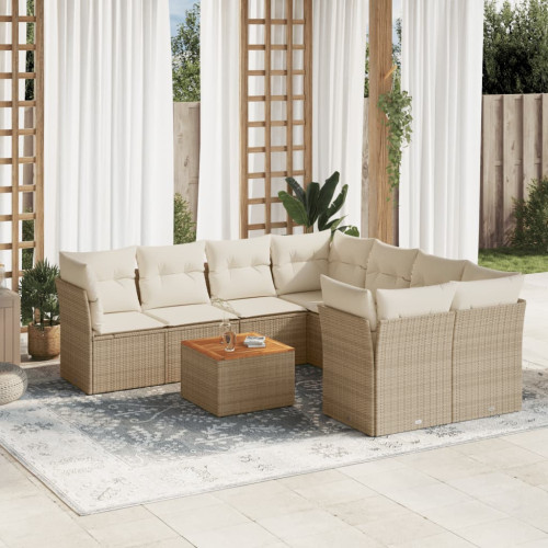 vidaXL Soffgrupp för trädgården med dynor 9 delar beige konstrotting
