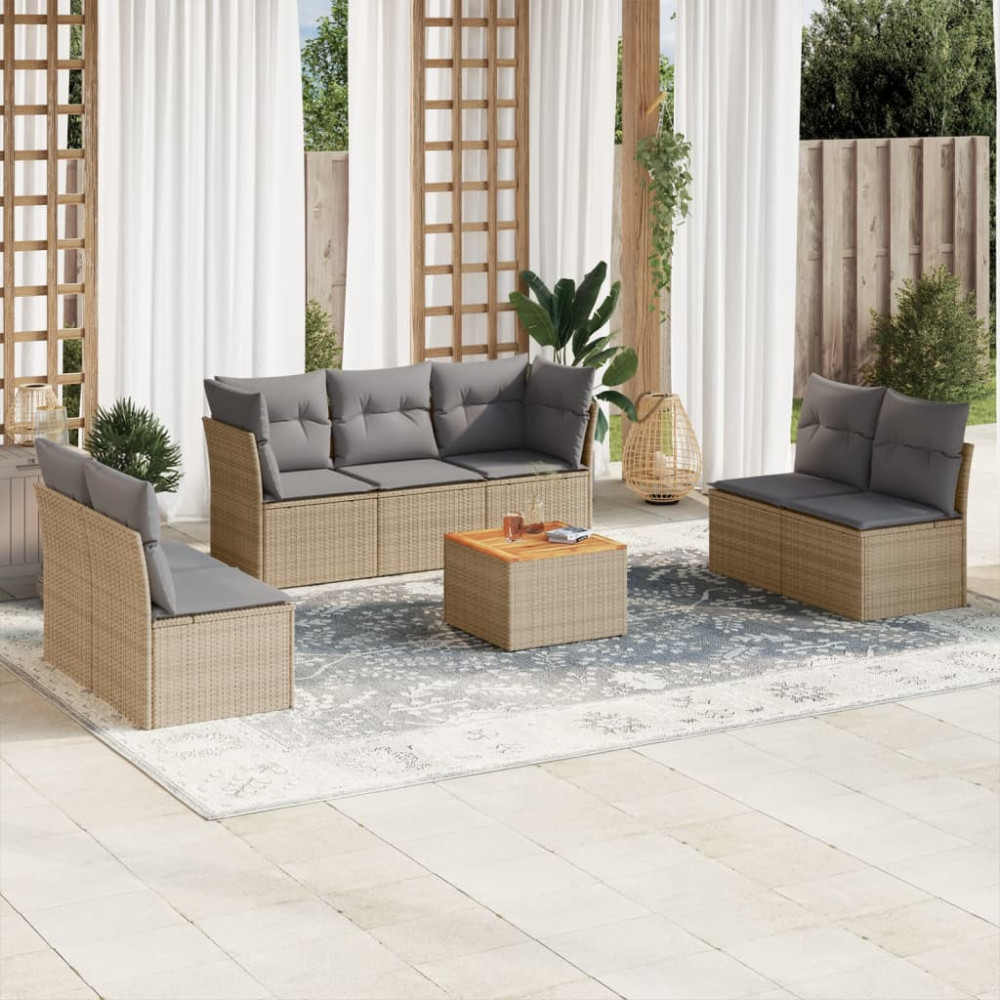 Produktbild för Matgrupp för trädgården med dynor 8 delar beige konstrotting
