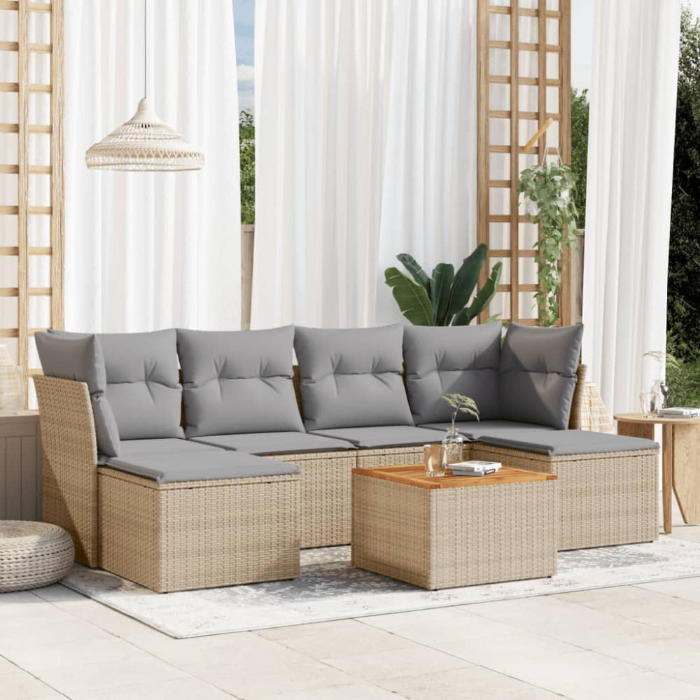 Produktbild för Matgrupp för trädgården med dynor 7 delar beige konstrotting