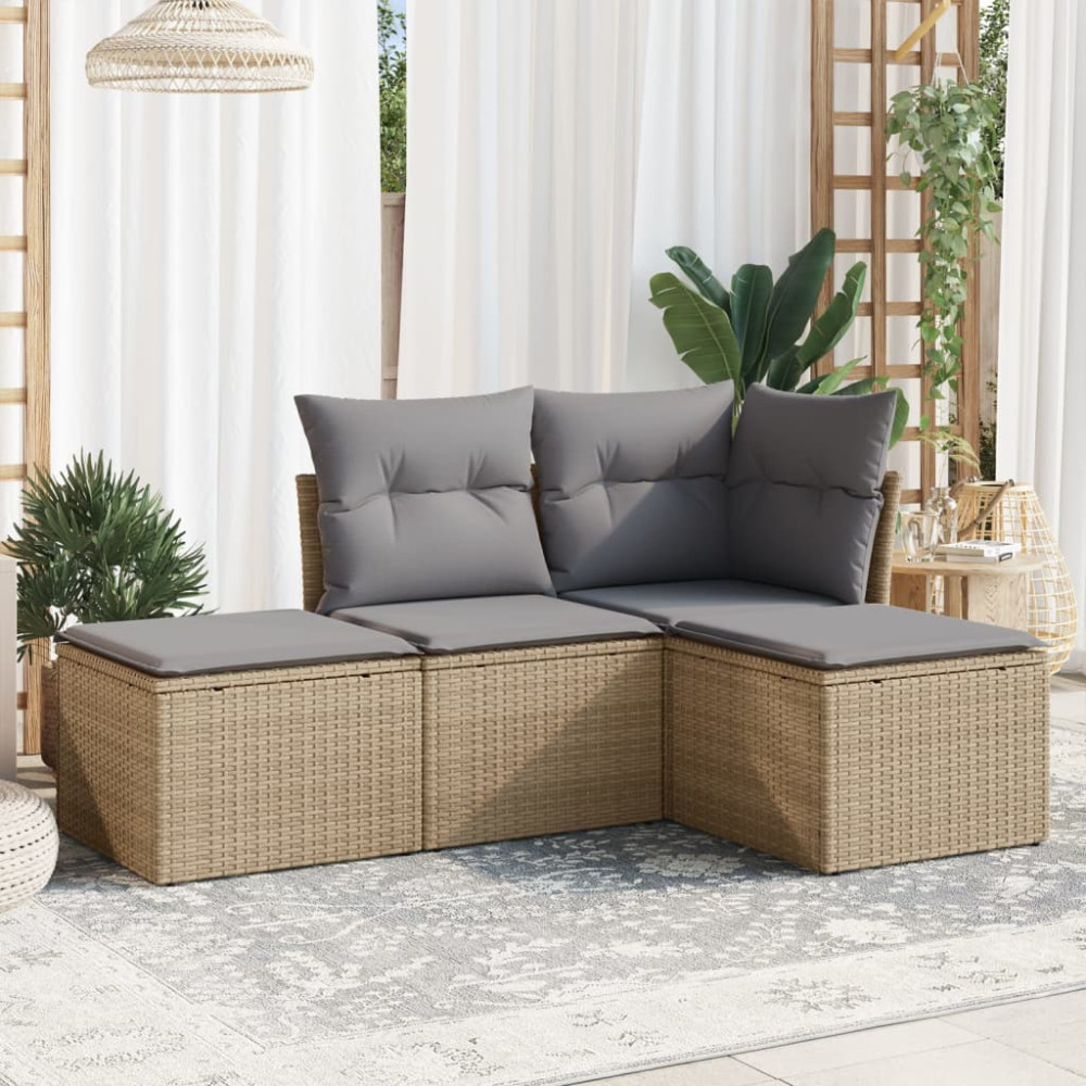 Produktbild för Soffgrupp för trädgård med dynor 4 delar beige konstrotting