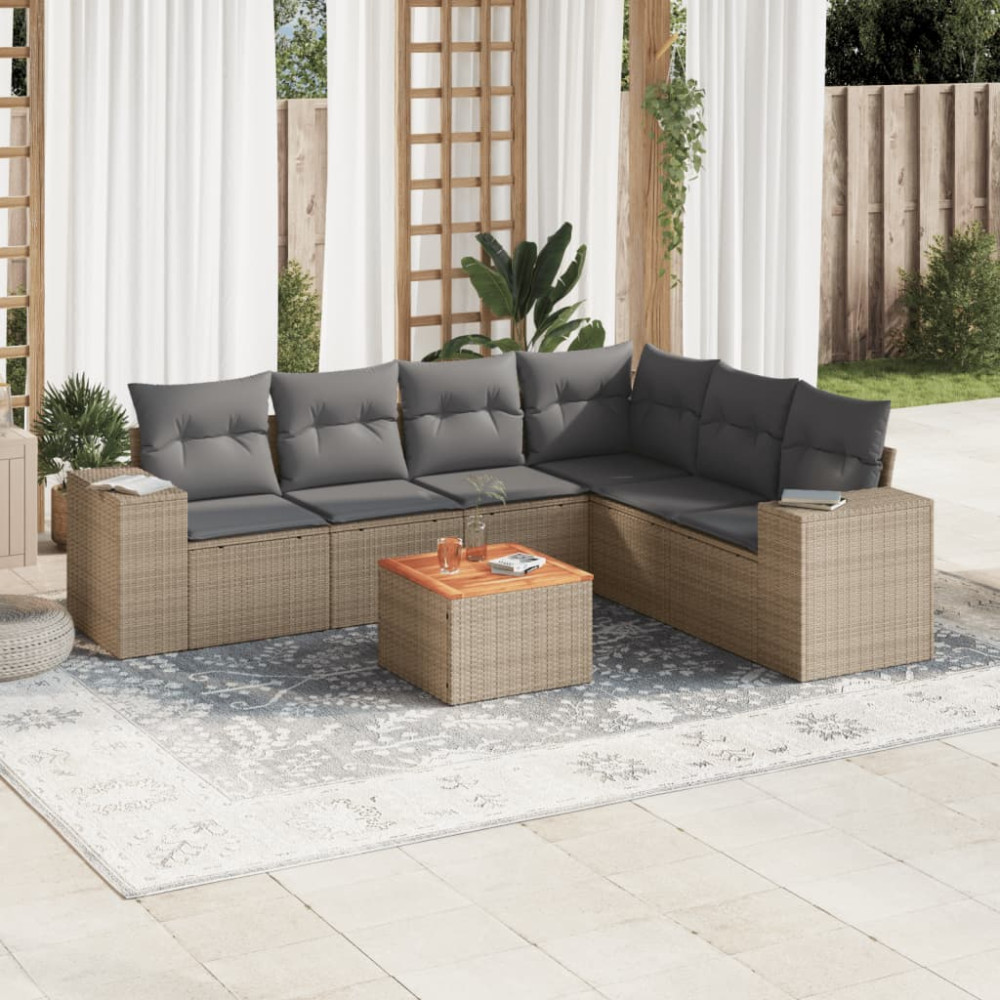 Produktbild för Matgrupp för trädgården med dynor 7 delar beige konstrotting