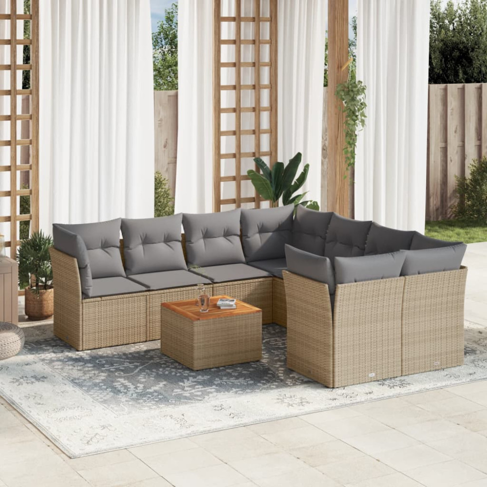Produktbild för Soffgrupp för trädgården med dynor 9 delar beige konstrotting