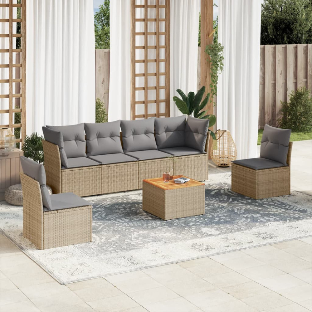 Produktbild för Matgrupp för trädgården med dynor 7 delar beige konstrotting