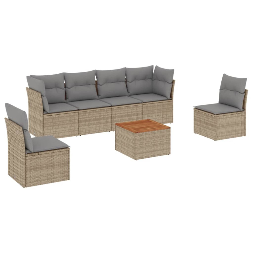 Produktbild för Matgrupp för trädgården med dynor 7 delar beige konstrotting