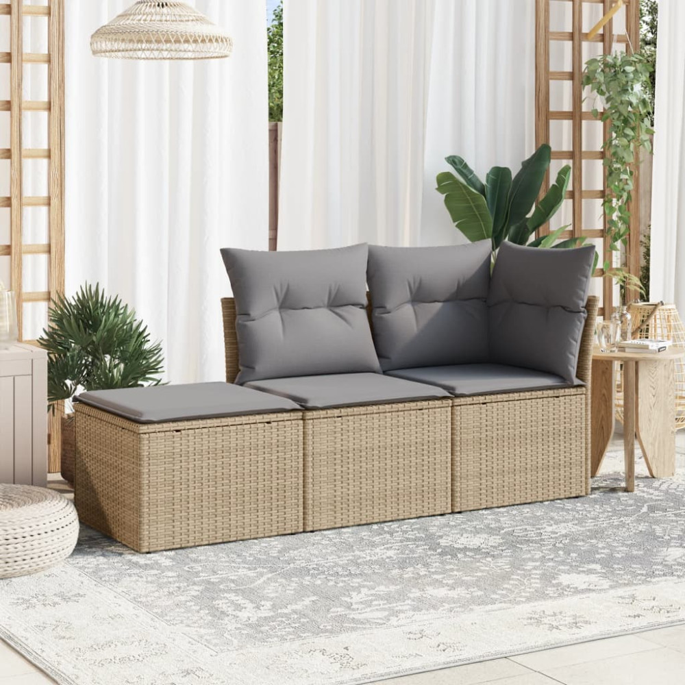 Produktbild för Soffgrupp för trädgården 3 delar med dynor beige konstrotting