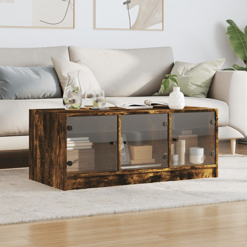 Produktbild för Soffbord med glasdörrar rökfärgad ek 102x50x42 cm