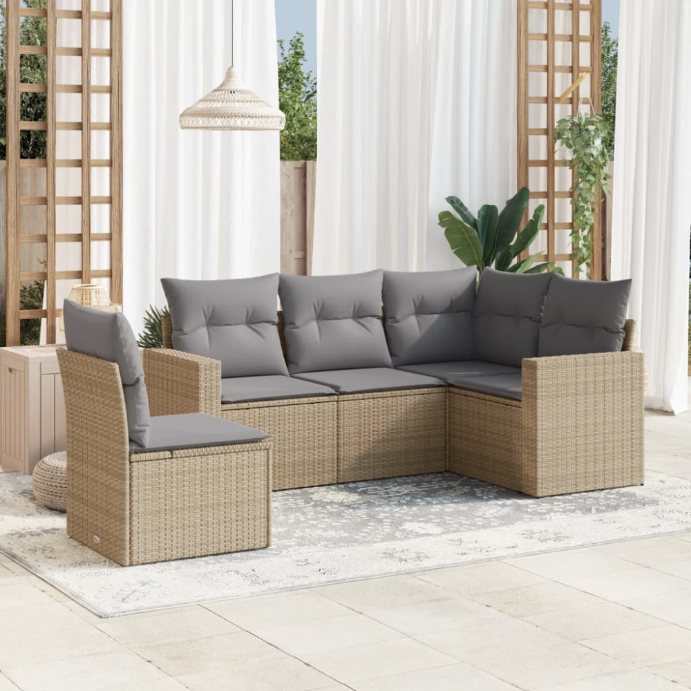 Produktbild för Soffgrupp för trädgården med dynor 5 delar beige konstrotting