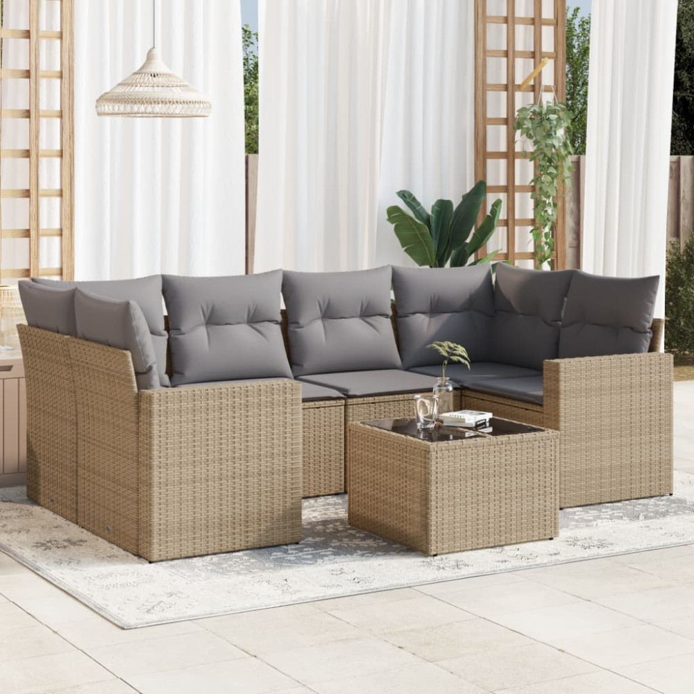 Produktbild för Matgrupp för trädgården med dynor 7 delar beige konstrotting