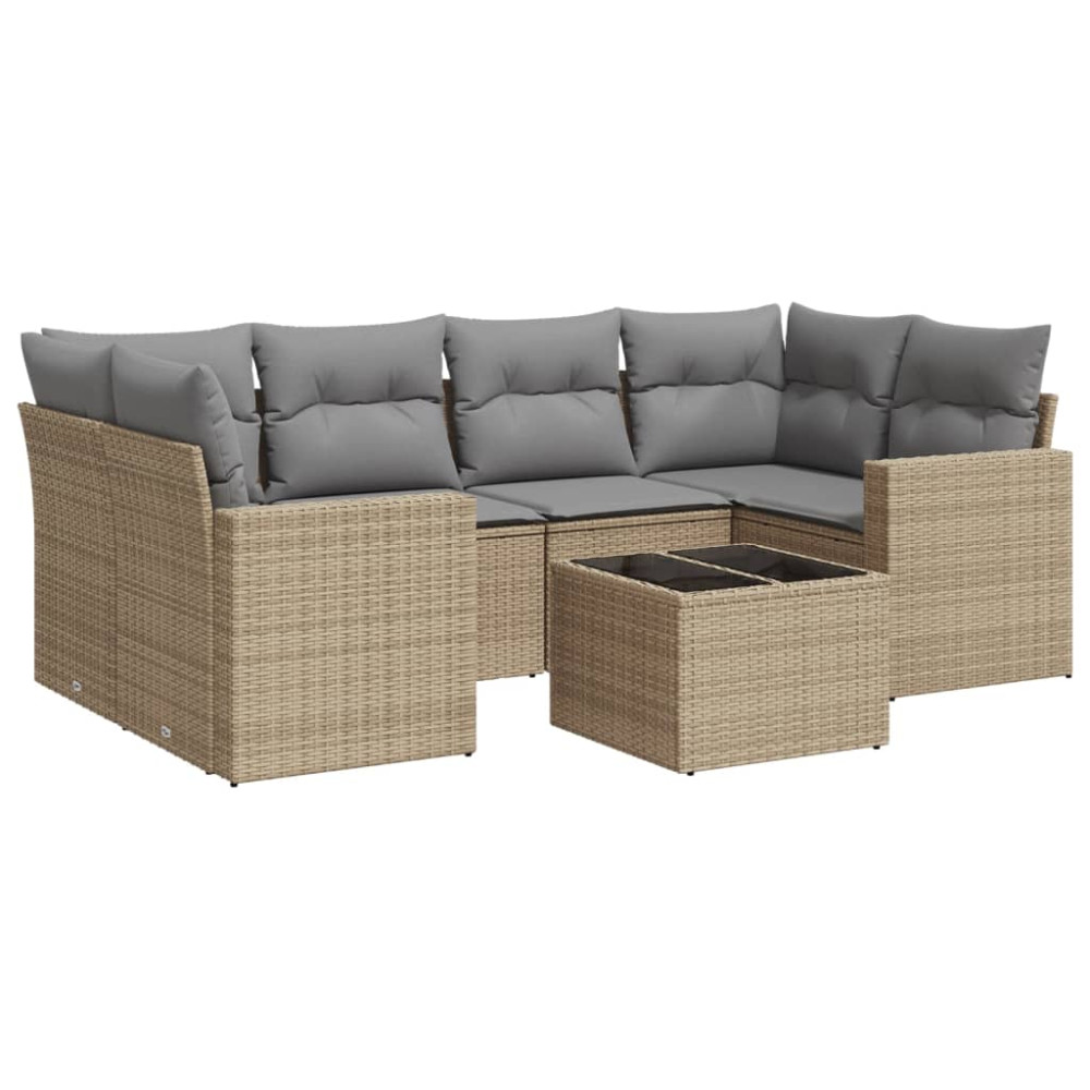 Produktbild för Matgrupp för trädgården med dynor 7 delar beige konstrotting