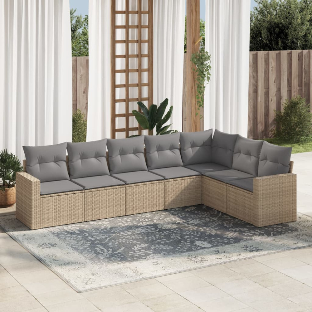 Produktbild för Matgrupp för trädgården med dynor 7 delar beige konstrotting