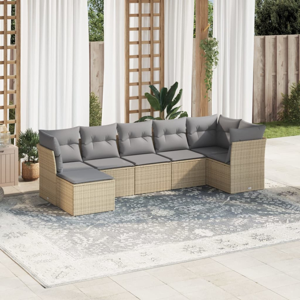 Produktbild för Matgrupp för trädgården med dynor 7 delar beige konstrotting