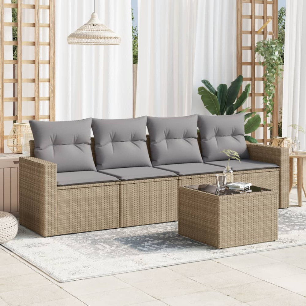 Produktbild för Soffgrupp för trädgården med dynor 5 delar beige konstrotting