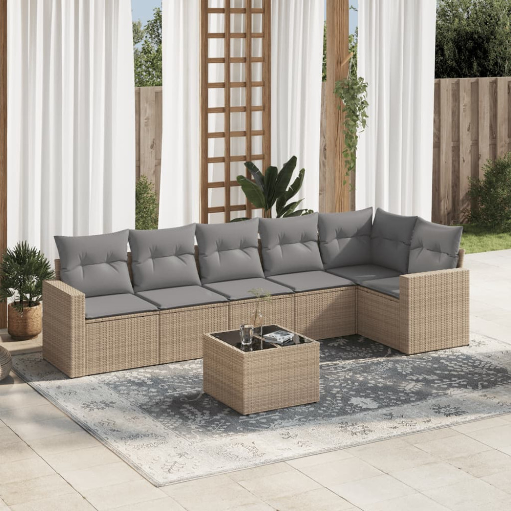 Produktbild för Matgrupp för trädgården med dynor 7 delar beige konstrotting